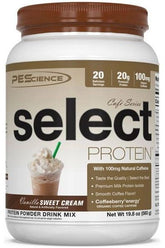 PEScience Select Protein Cafe Series in Vanilla Sweet Cream flavor, protein powder drink mix with 100mg caffeine.